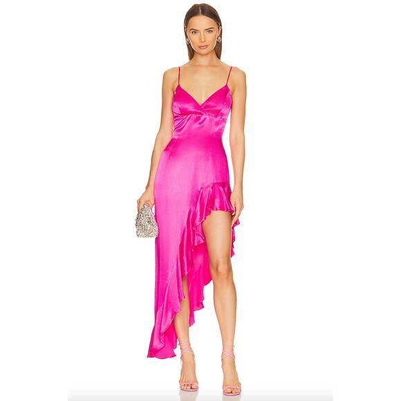 Revolve Bardot Ember Midi Dress Hot Pink High Low Asymmetrical V-Neck Large Sexy - Picture 1 of 14